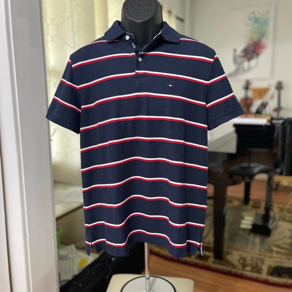 EUC Men’s Size Medium Tommy Hilfiger Performance Pique Striped Polo Shirt Navy - Picture 6 of 12